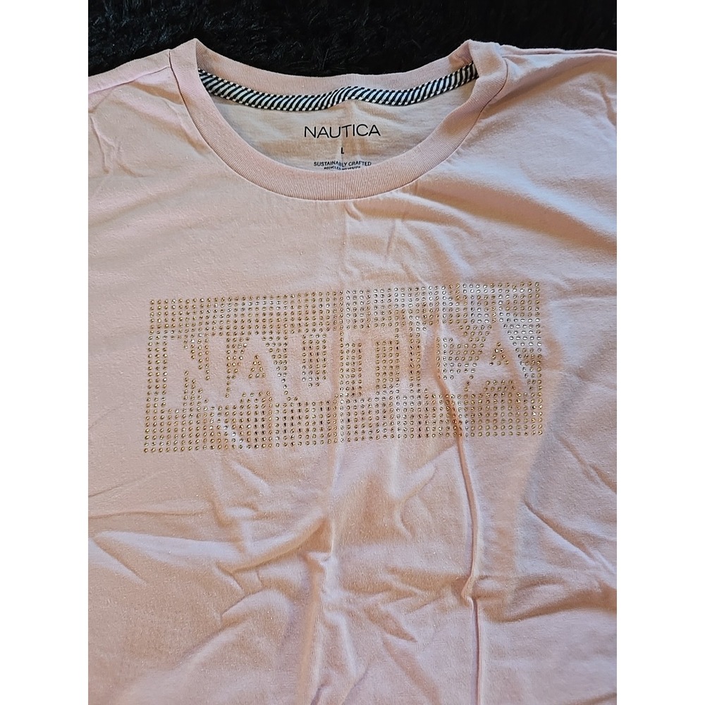 Nautica Womens Pink Tee Short Sleeve Crew Neck‎ T Shirt Large Sparkles